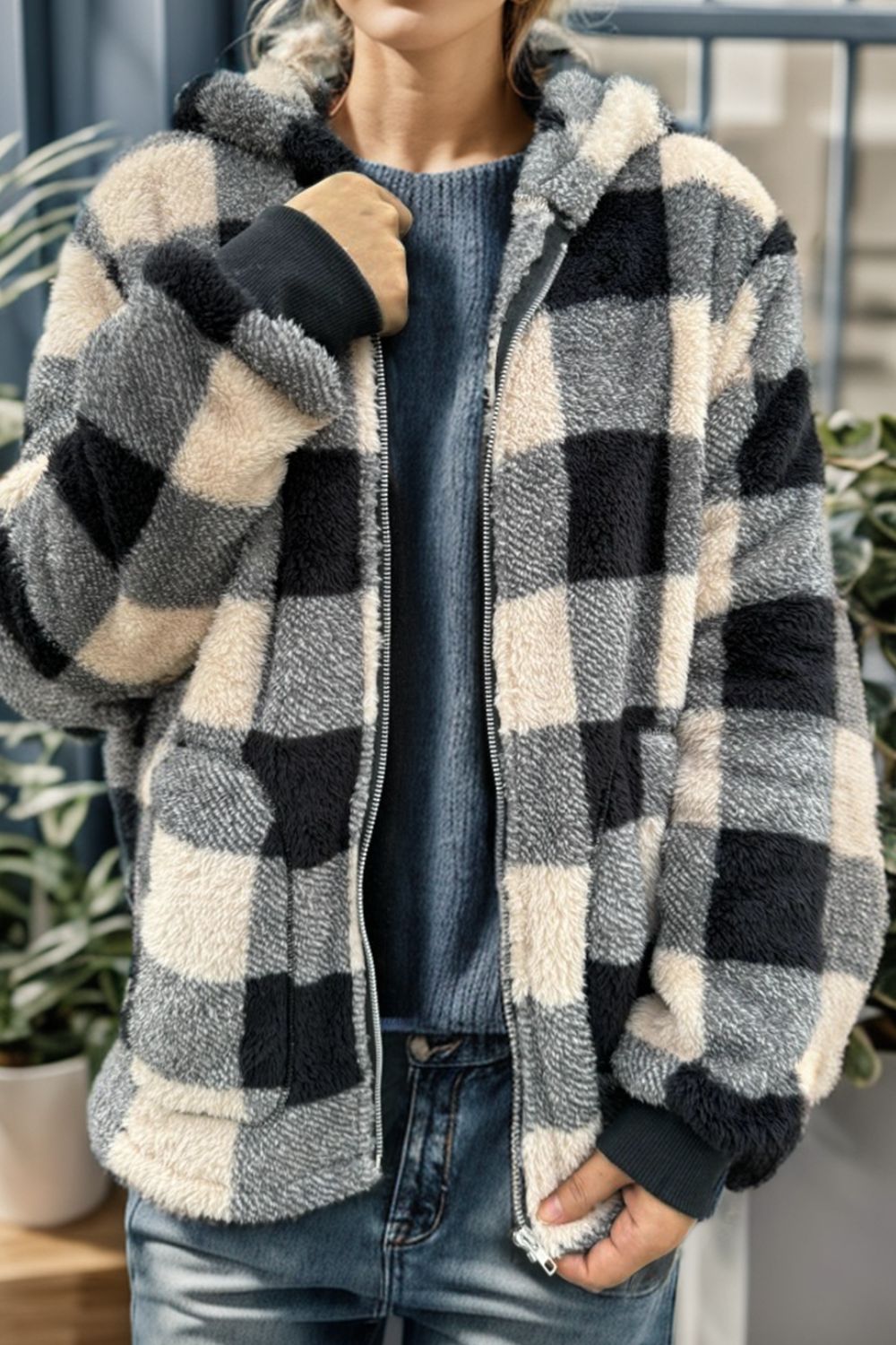 Double Take - Long Sleeve Hooded Plaid Coat