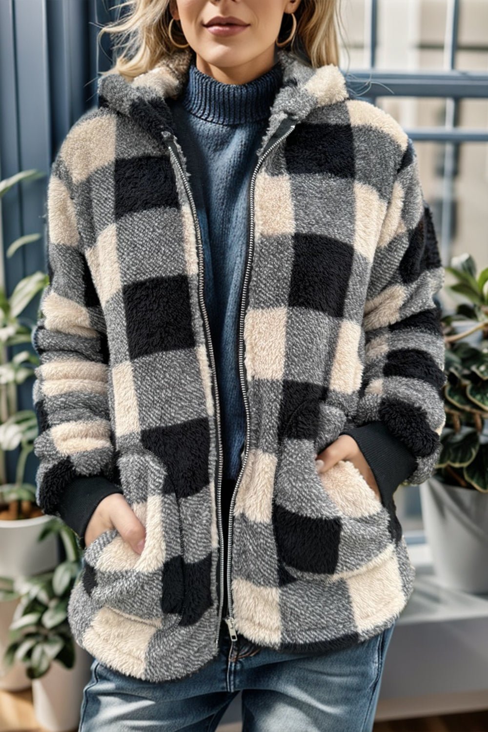 Double Take - Long Sleeve Hooded Plaid Coat