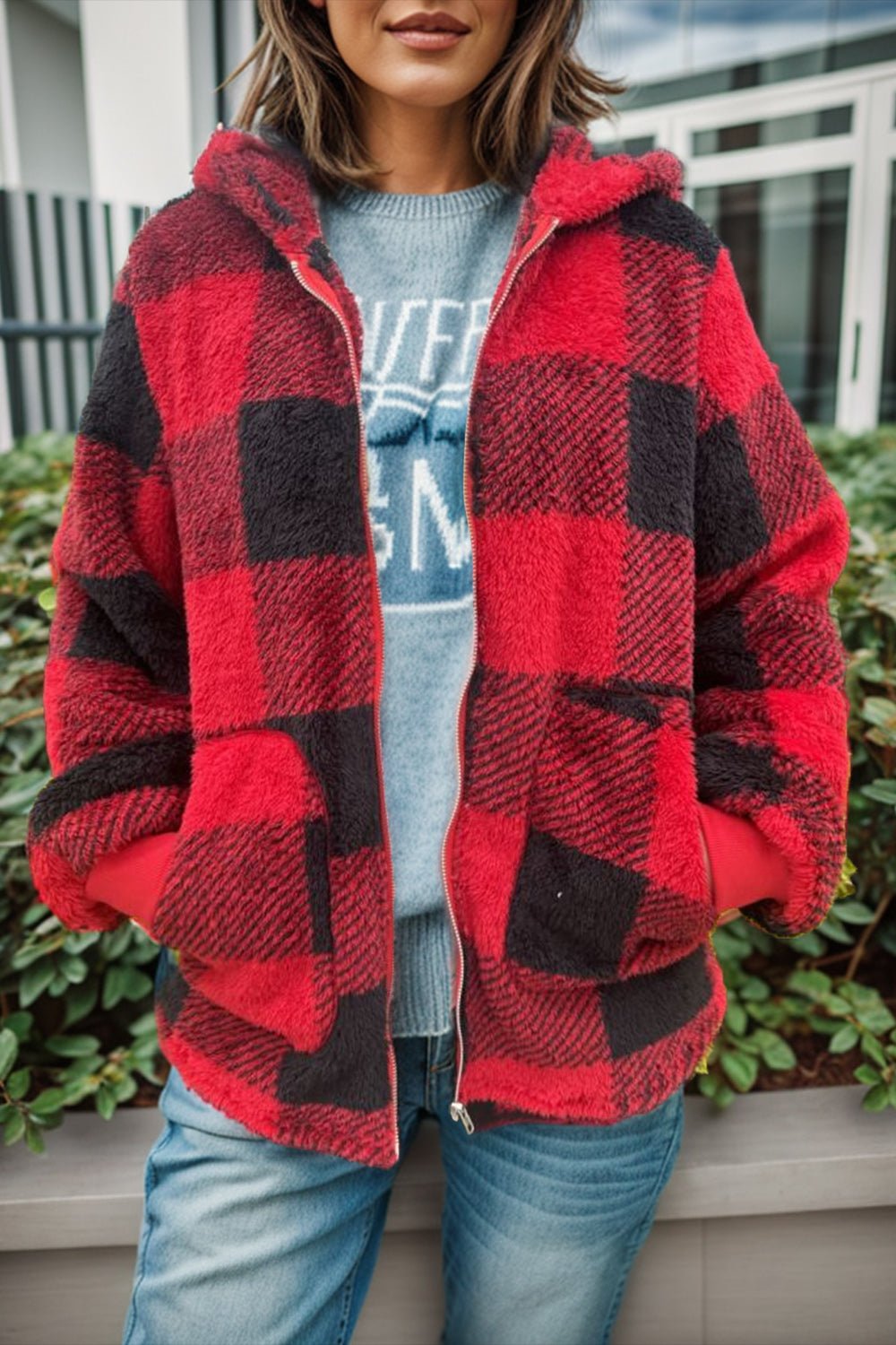 Double Take - Long Sleeve Hooded Plaid Coat