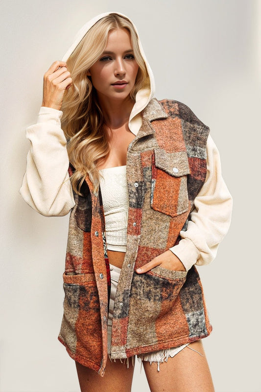 Double Take - Long Sleeve Hooded Plaid Jacket in Cream