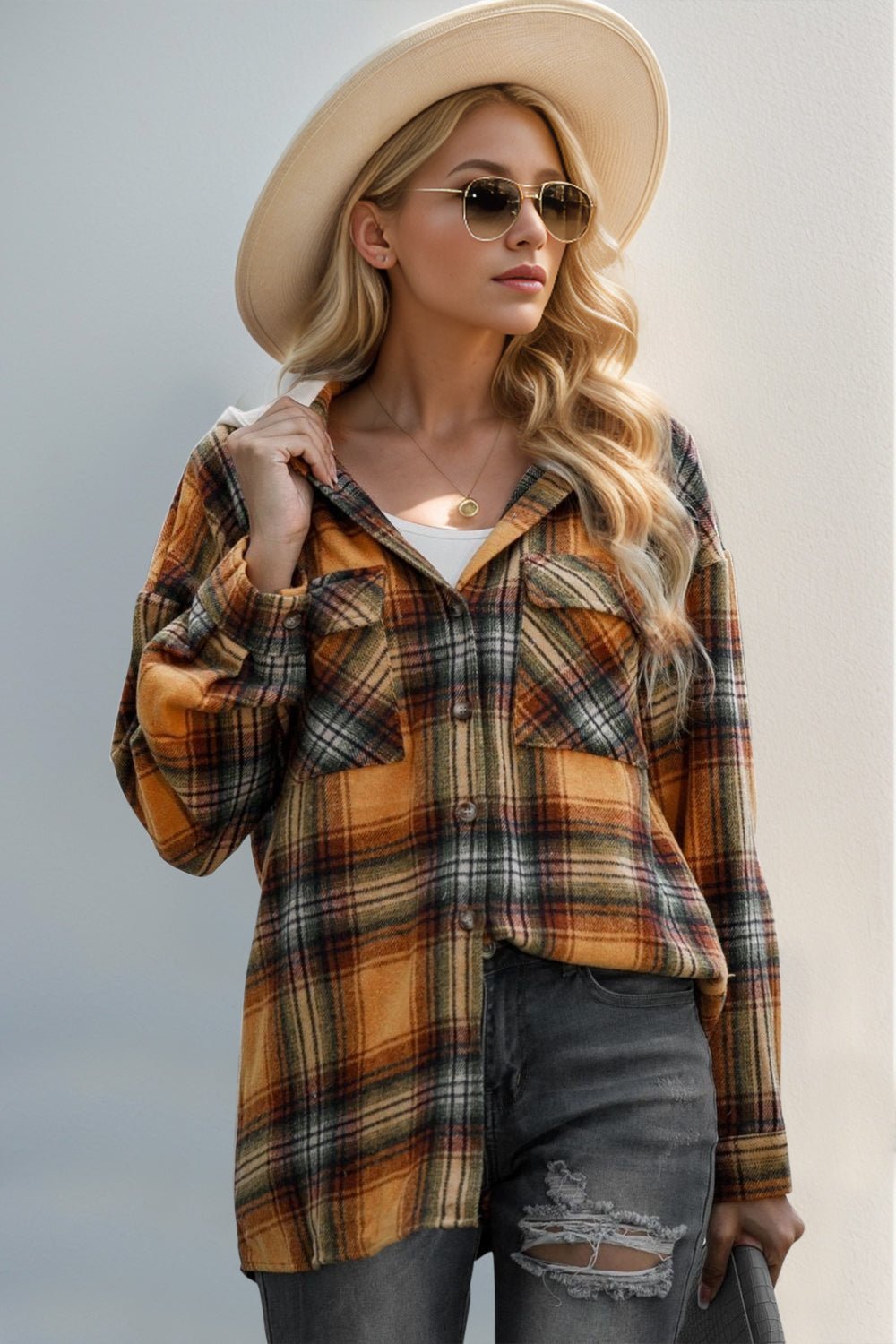 Double Take - Long Sleeve Hooded Plaid Shacket