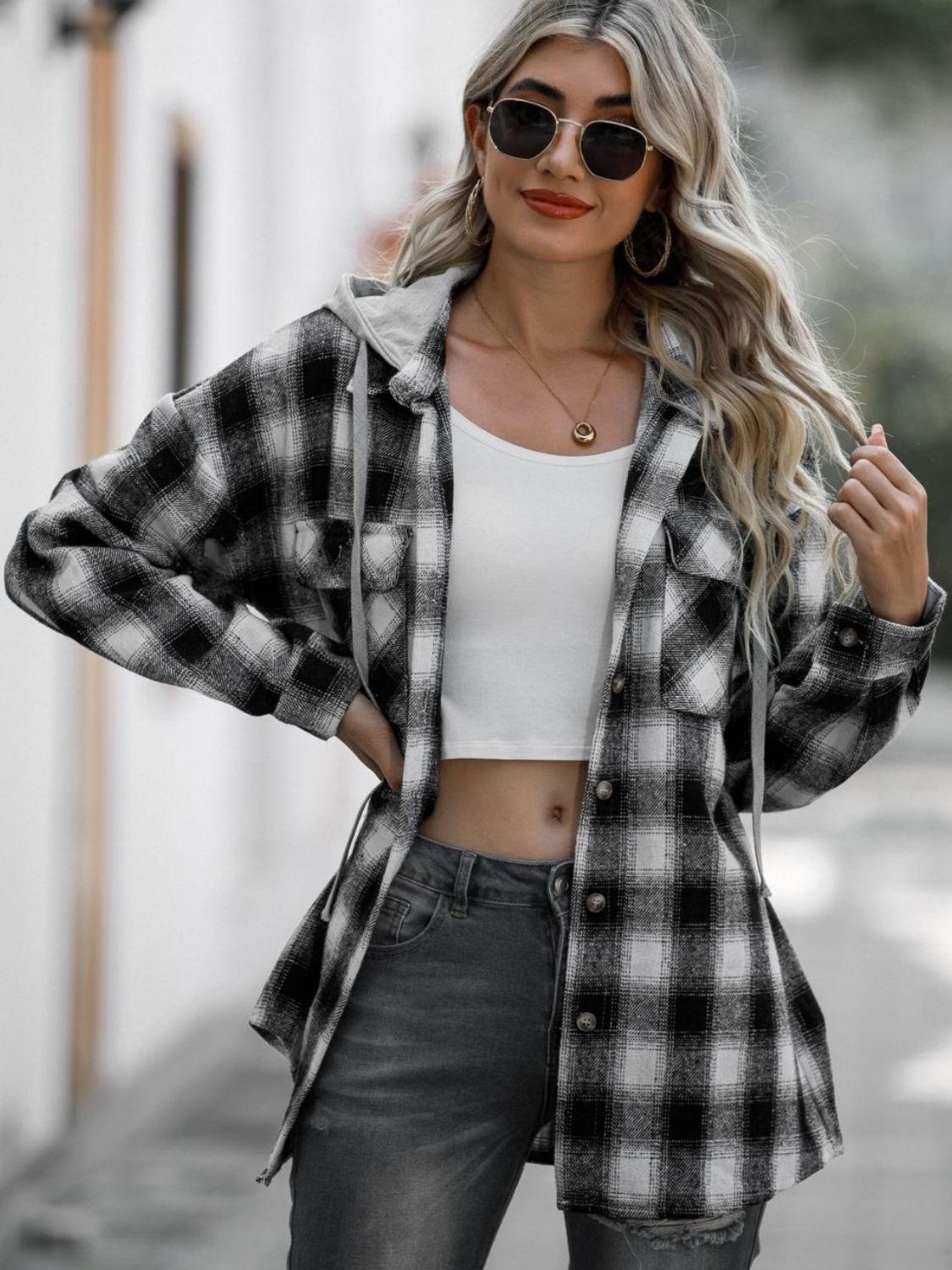 Double Take - Long Sleeve Hooded Plaid Shacket