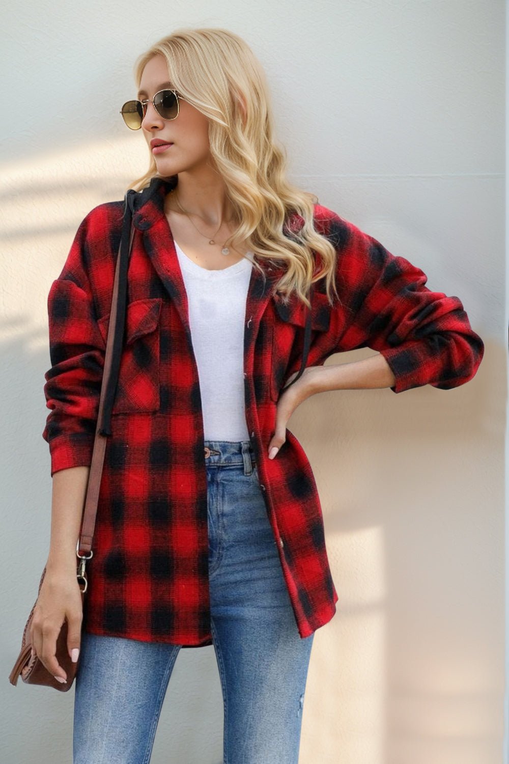 Double Take - Long Sleeve Hooded Plaid Shacket