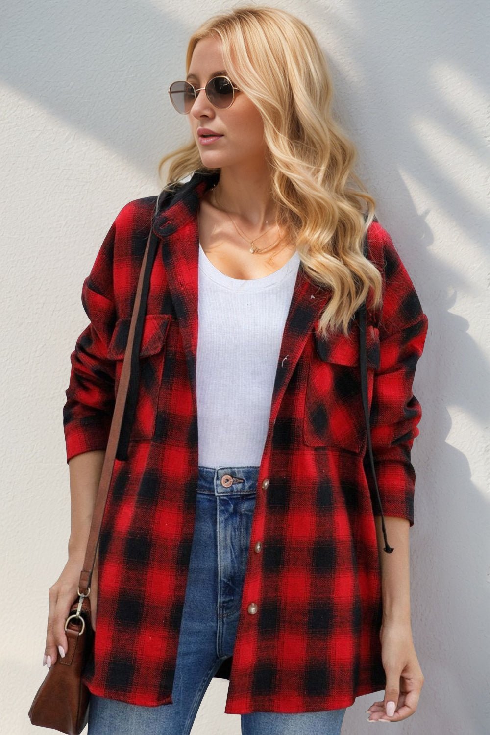 Double Take - Long Sleeve Hooded Plaid Shacket