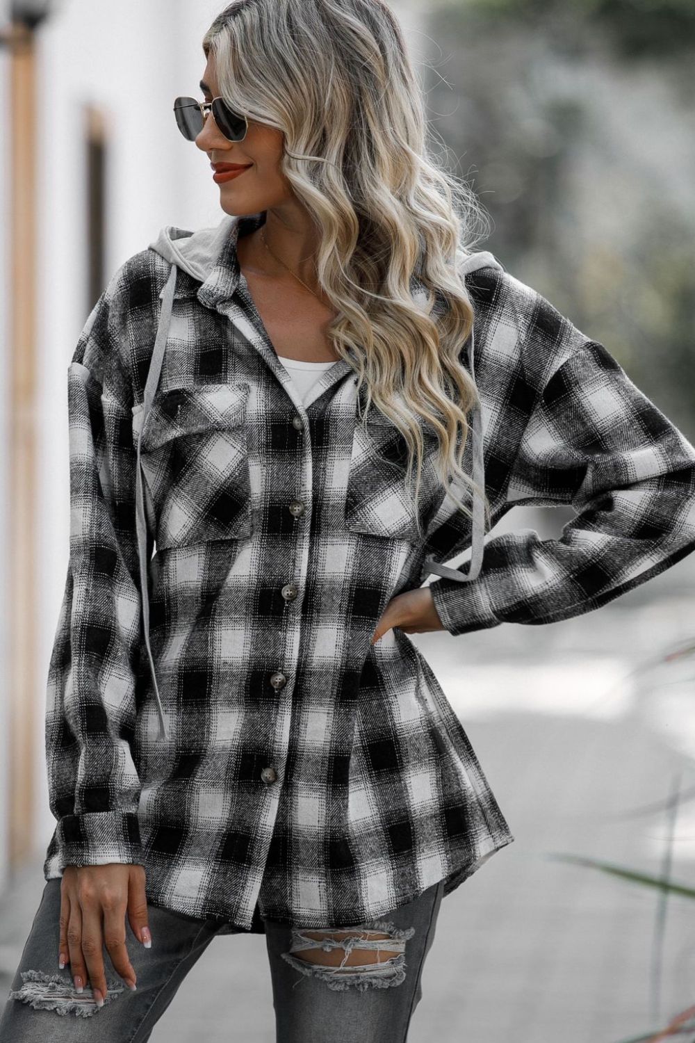 Double Take - Long Sleeve Hooded Plaid Shacket