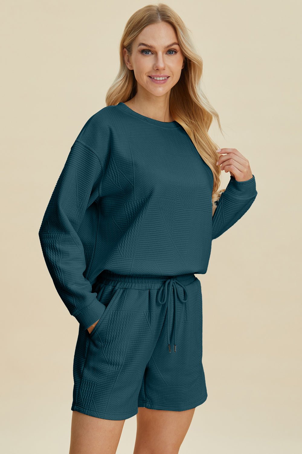 Double Take - Long Sleeve Top and Shorts Set in Peacock Blue