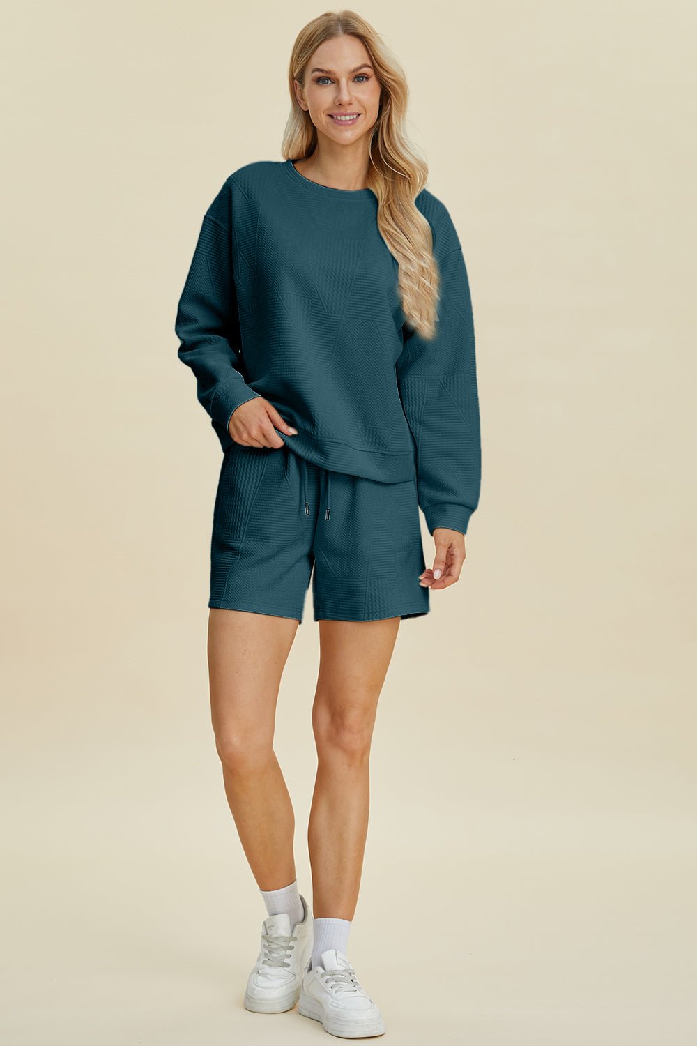 Double Take - Long Sleeve Top and Shorts Set in Peacock Blue