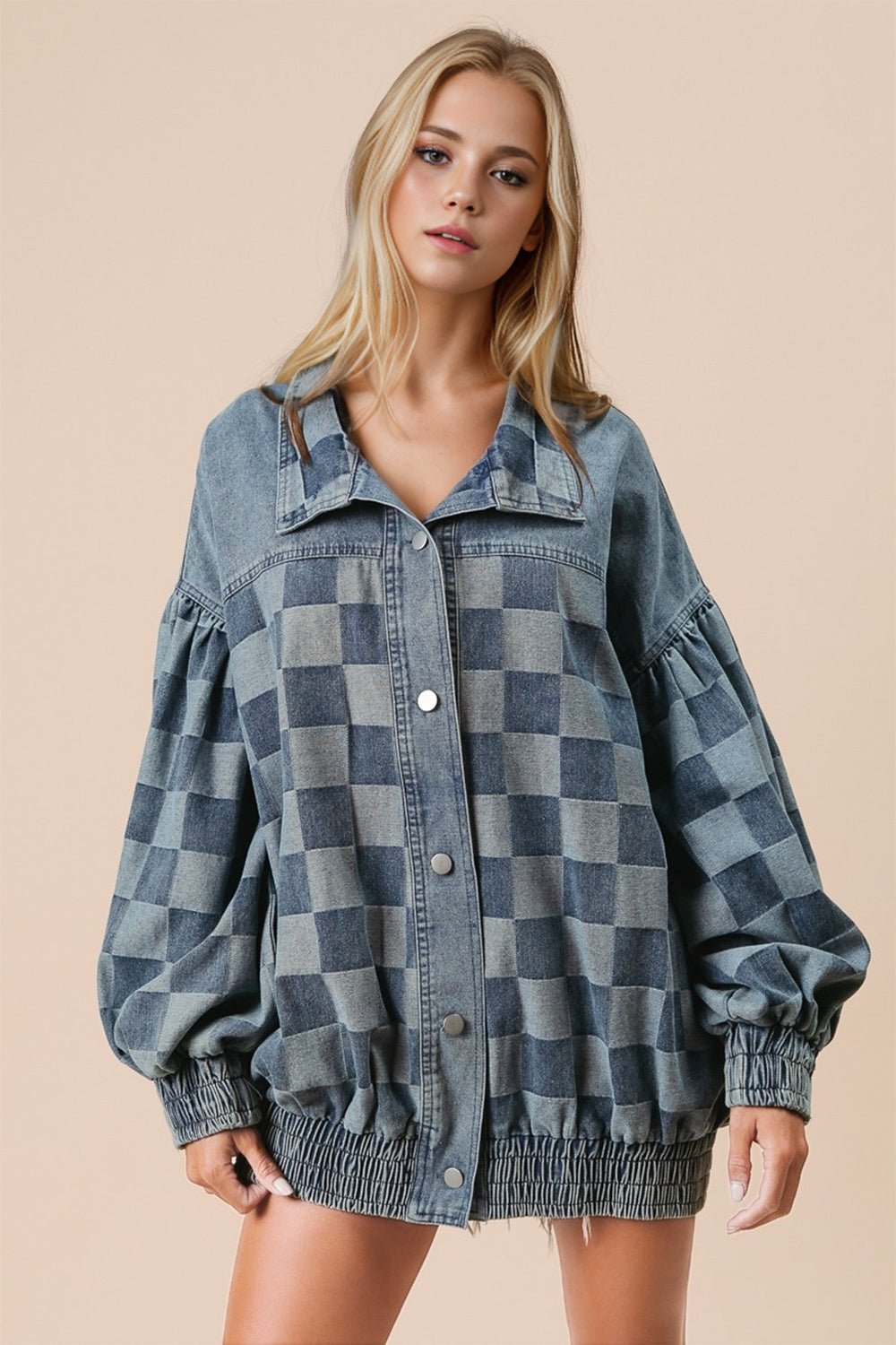 Double Take - Medium Wash Checkered Button Up Denim Jacket