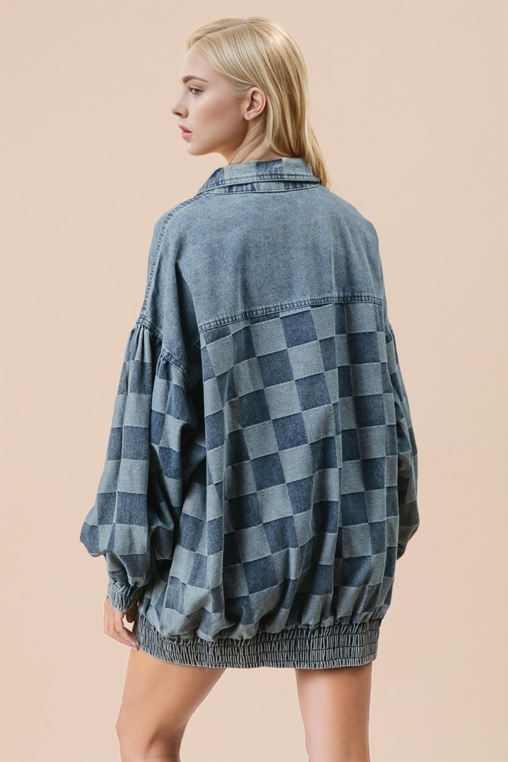 Double Take - Medium Wash Checkered Button Up Denim Jacket