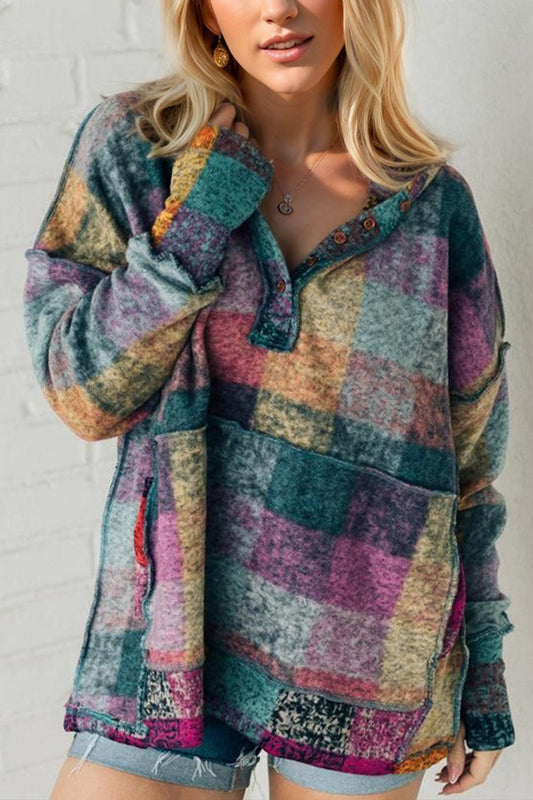 Double Take - Multicolor Plaid Quarter Button Thumbhole Sleeve Hoodie