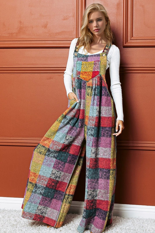 Double Take - Multicolor Plaid Sleeveless Wide Leg Jumpsuit