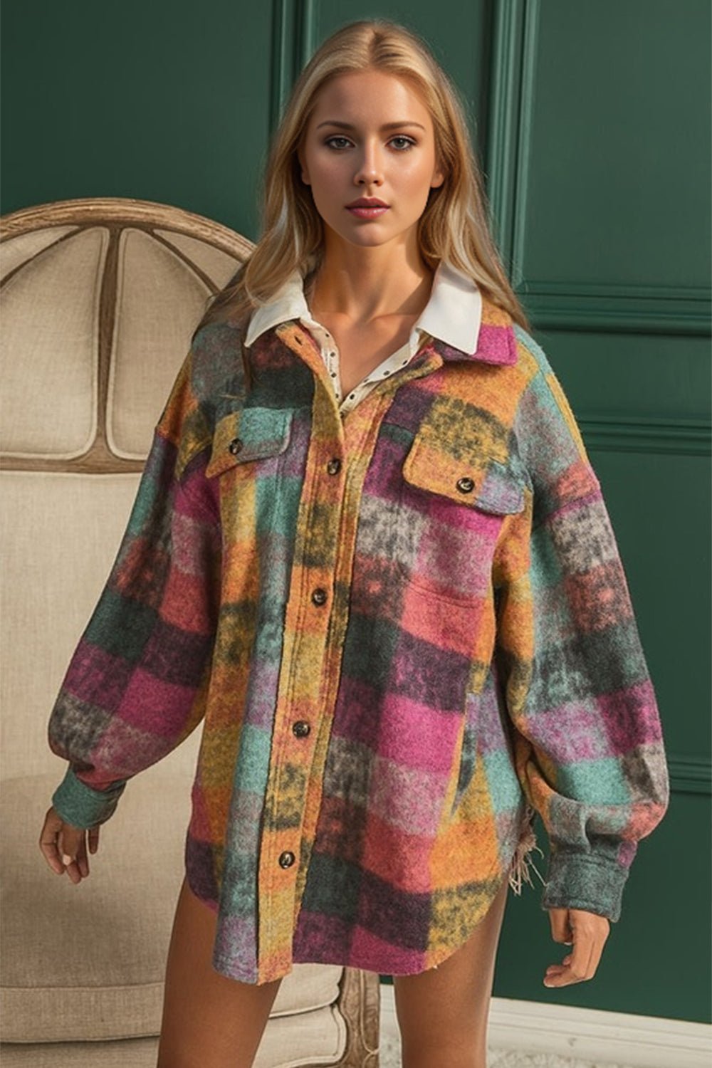 Double Take - Multicolor Plain Button Up Fleece Shacket with Pockets