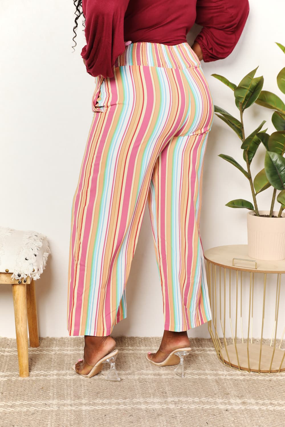 Double Take - Multicolor Striped Smocked Waist Pants with Pockets