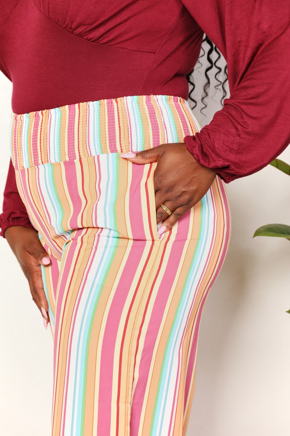 Double Take - Multicolor Striped Smocked Waist Pants with Pockets