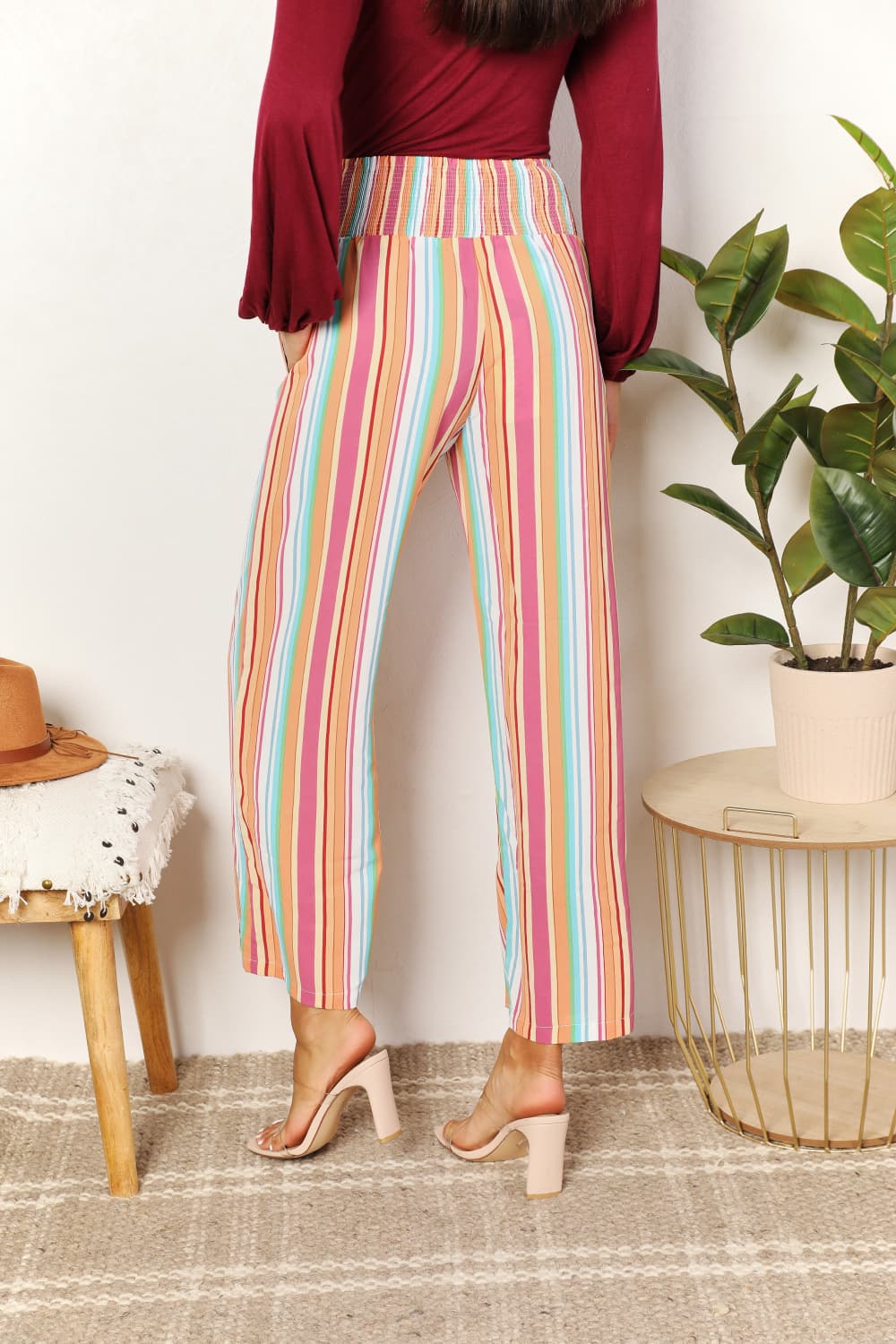 Double Take - Multicolor Striped Smocked Waist Pants with Pockets