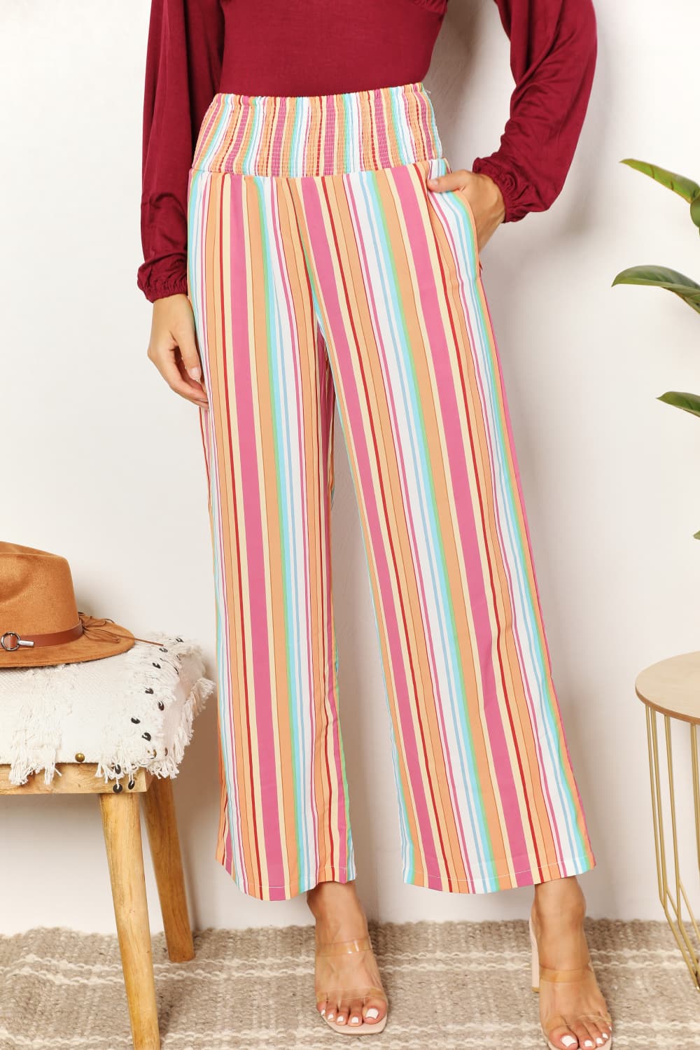 Double Take - Multicolor Striped Smocked Waist Pants with Pockets