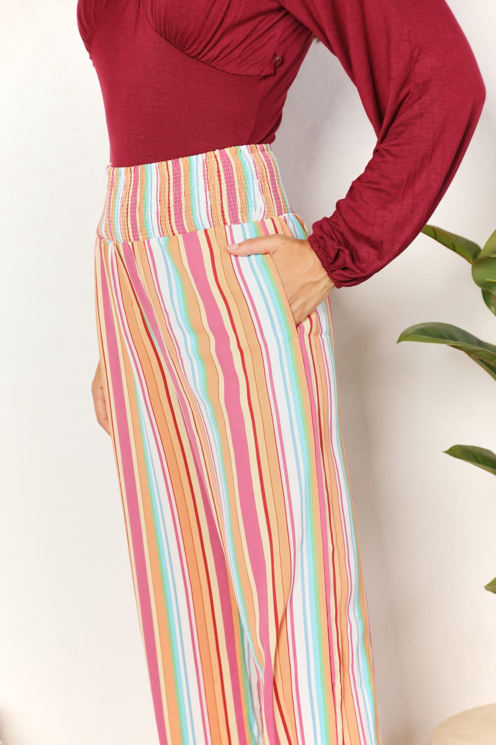 Double Take - Multicolor Striped Smocked Waist Pants with Pockets