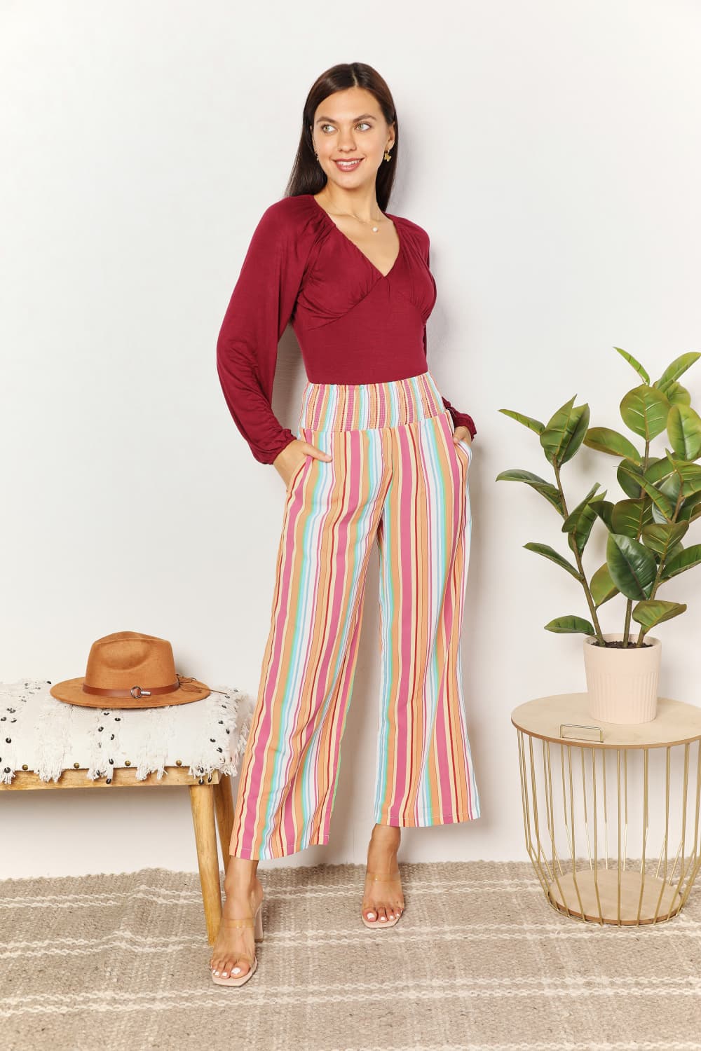 Double Take - Multicolor Striped Smocked Waist Pants with Pockets