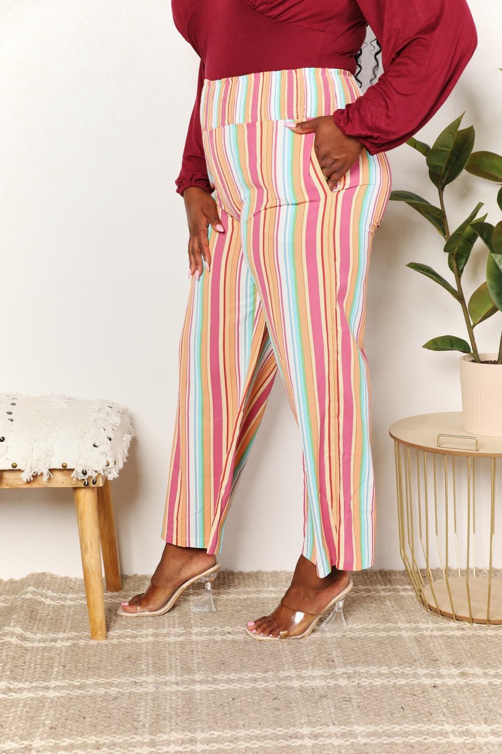 Double Take - Multicolor Striped Smocked Waist Pants with Pockets