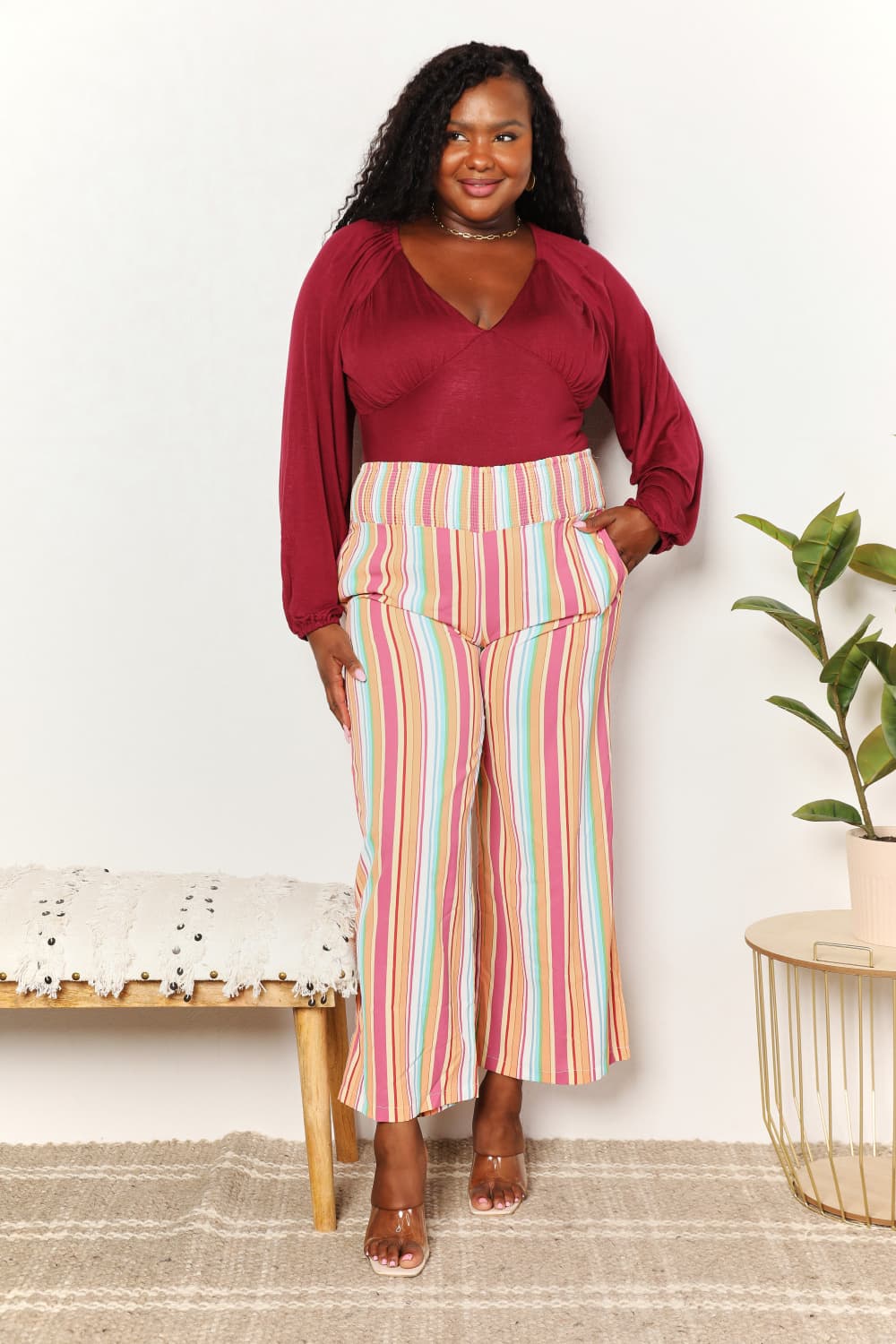 Double Take - Multicolor Striped Smocked Waist Pants with Pockets