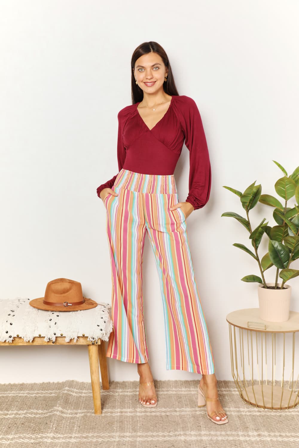 Double Take - Multicolor Striped Smocked Waist Pants with Pockets