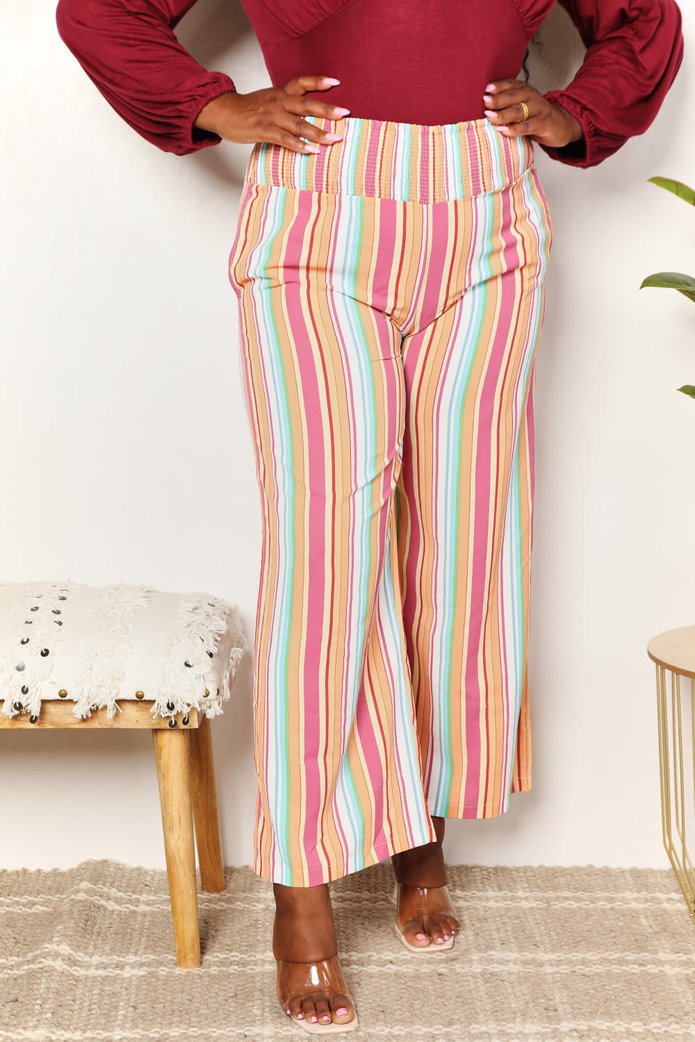 Double Take - Multicolor Striped Smocked Waist Pants with Pockets