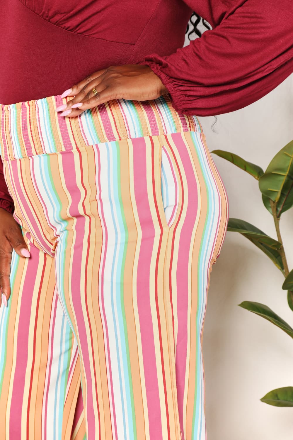 Double Take - Multicolor Striped Smocked Waist Pants with Pockets