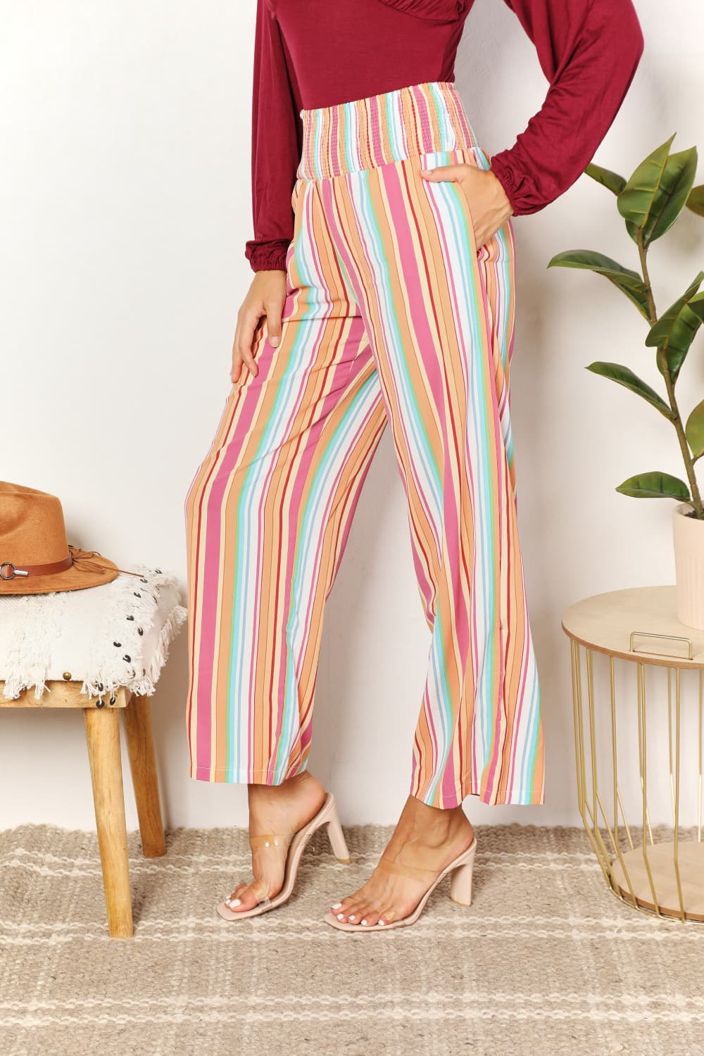 Double Take - Multicolor Striped Smocked Waist Pants with Pockets