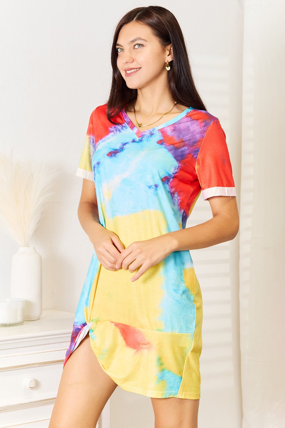 Double Take - Multicolor Tie - Dye V - Neck Twisted Hem Mini Dress