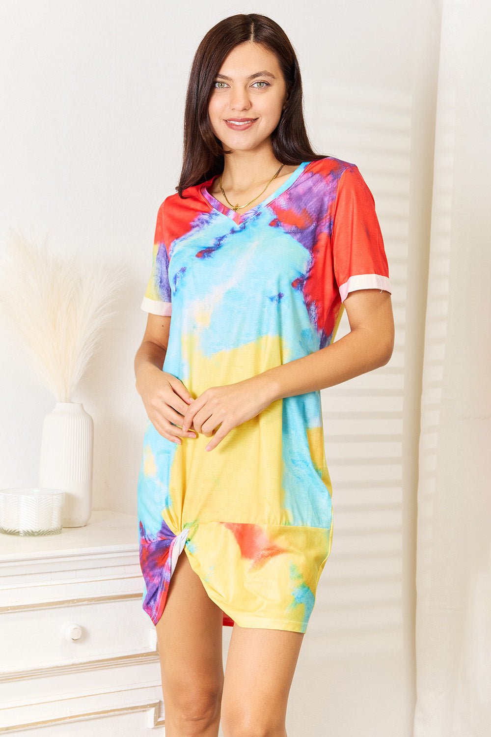 Double Take - Multicolor Tie - Dye V - Neck Twisted Hem Mini Dress