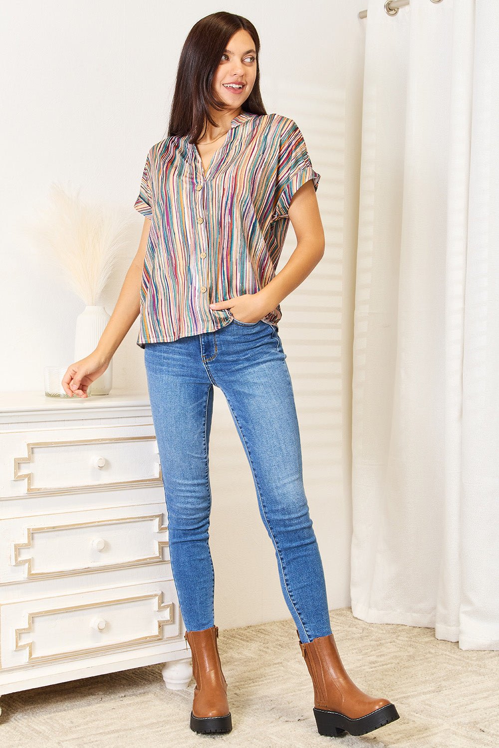 Double Take - Multicolored Stripe Split Neck Top