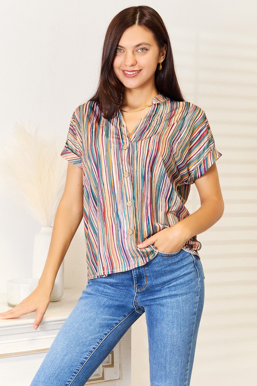 Double Take - Multicolored Stripe Split Neck Top