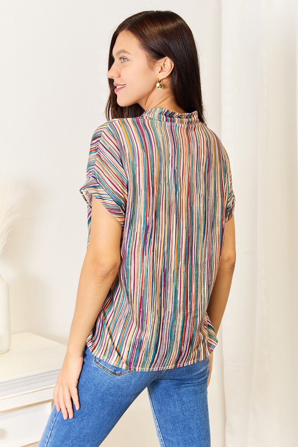 Double Take - Multicolored Stripe Split Neck Top