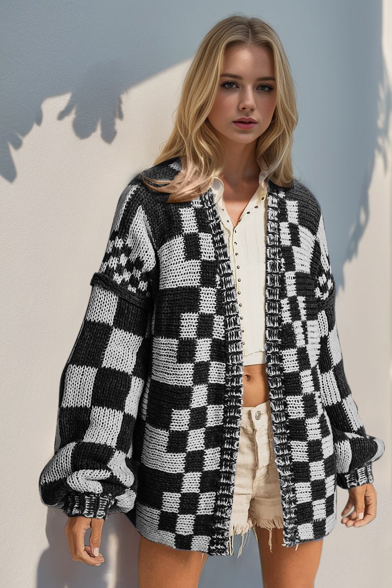 Double Take - Open Front Checkered Drop Shoulder Cardigan