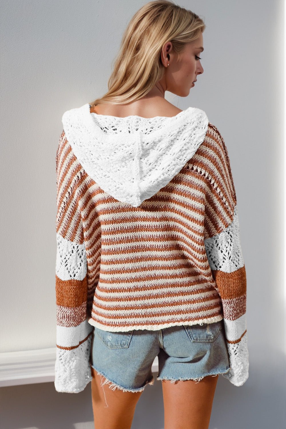 Double Take - Openwork Contrast Long Sleeve Hooded Sweater in Camel