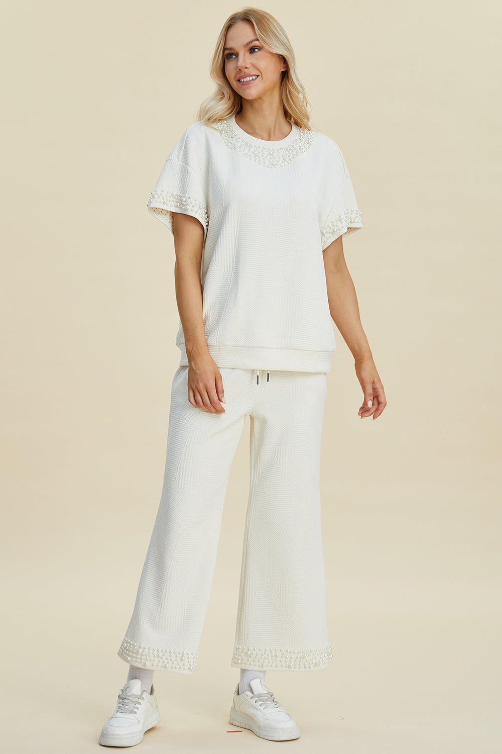 Double Take - Pearl Trim Short Sleeve Top and Pants Set