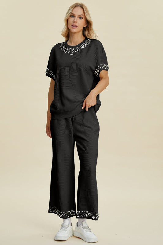 Double Take - Pearl Trim Short Sleeve Top and Pants Set