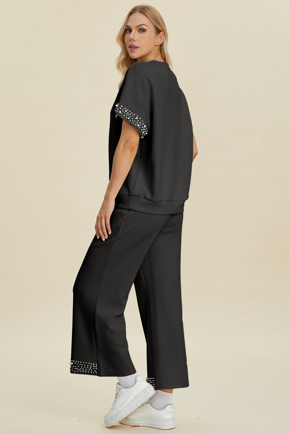 Double Take - Pearl Trim Short Sleeve Top and Pants Set