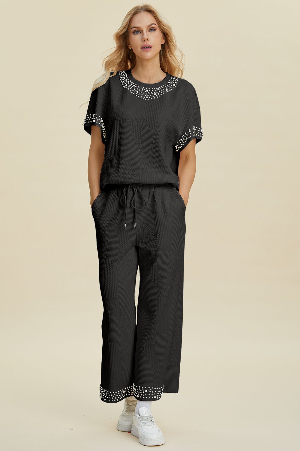 Double Take - Pearl Trim Short Sleeve Top and Pants Set