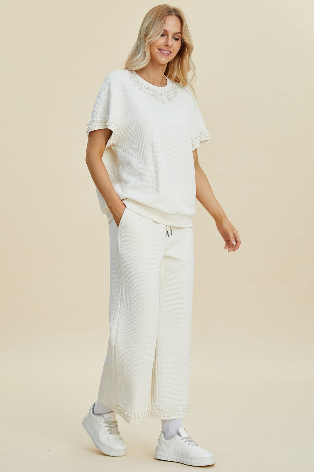 Double Take - Pearl Trim Short Sleeve Top and Pants Set