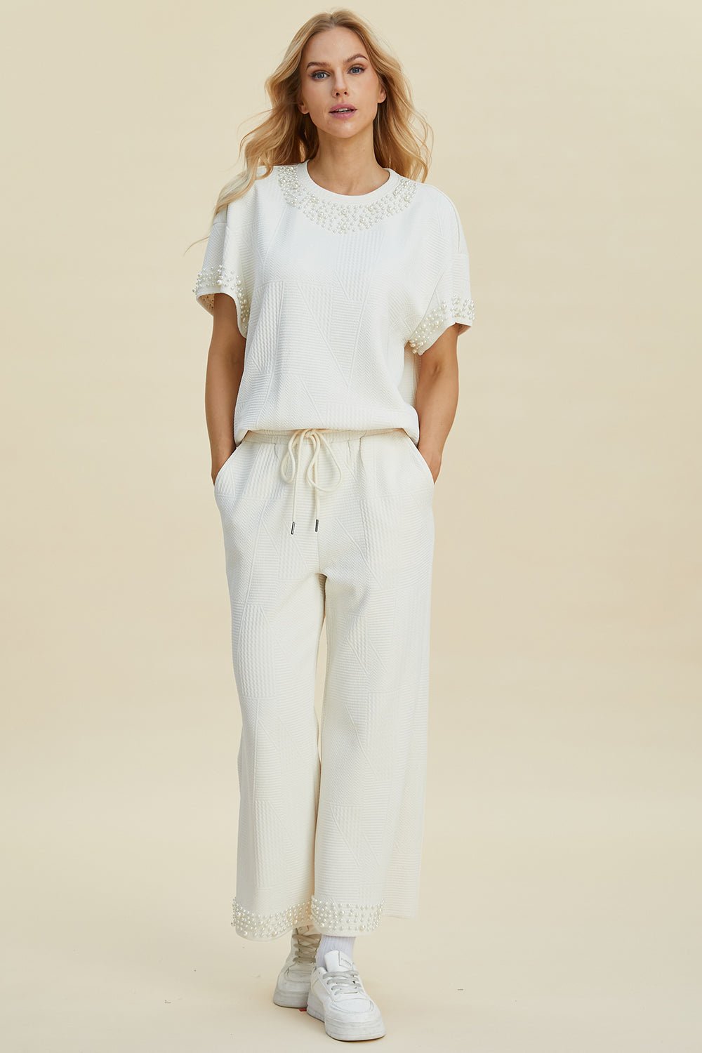 Double Take - Pearl Trim Short Sleeve Top and Pants Set