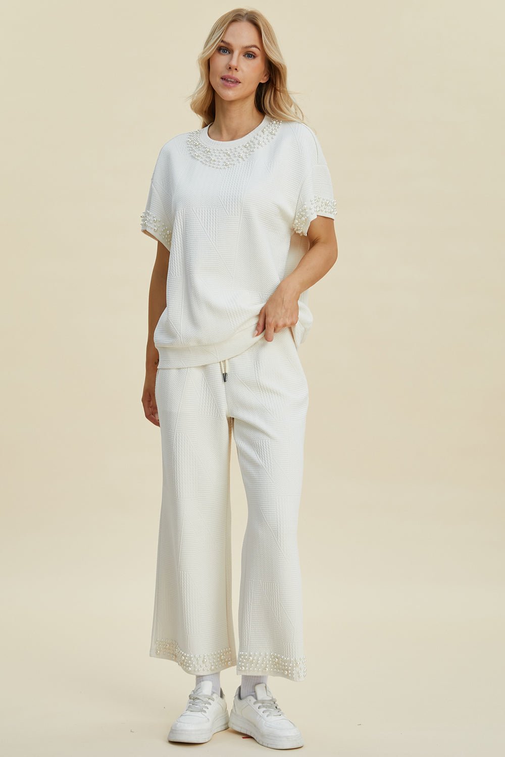 Double Take - Pearl Trim Short Sleeve Top and Pants Set