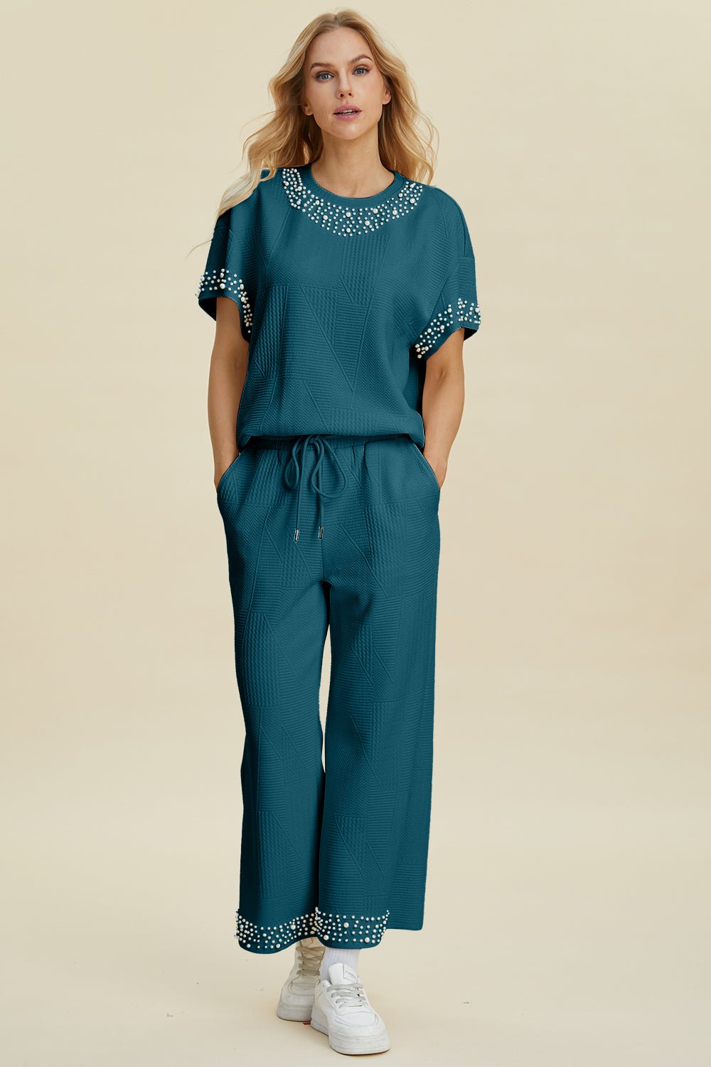 Double Take - Pearl Trim Short Sleeve Top and Pants Set