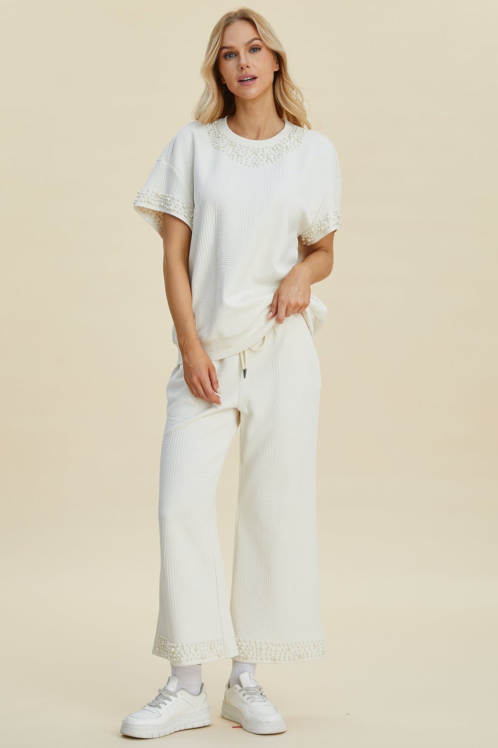 Double Take - Pearl Trim Short Sleeve Top and Pants Set