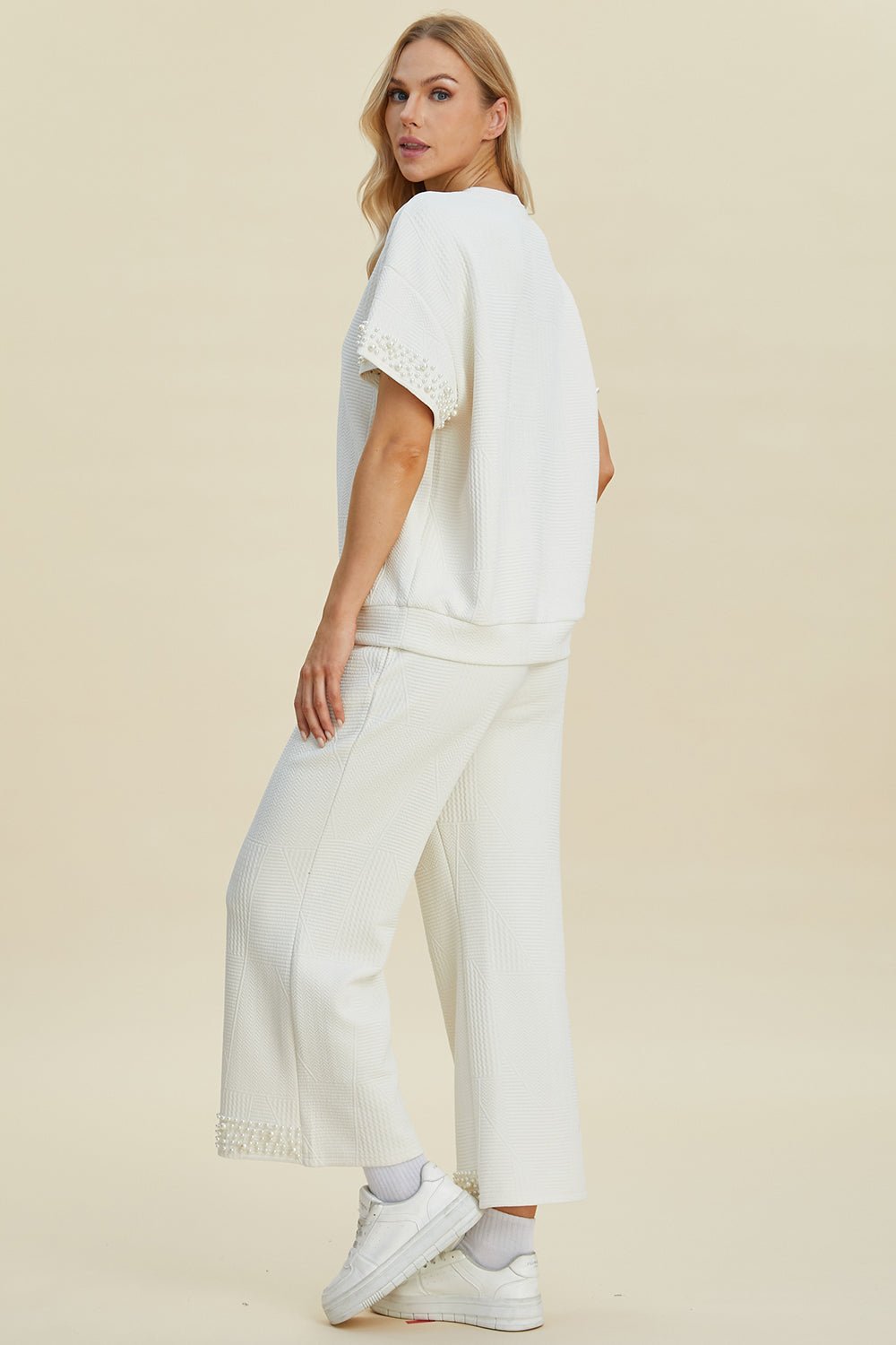 Double Take - Pearl Trim Short Sleeve Top and Pants Set