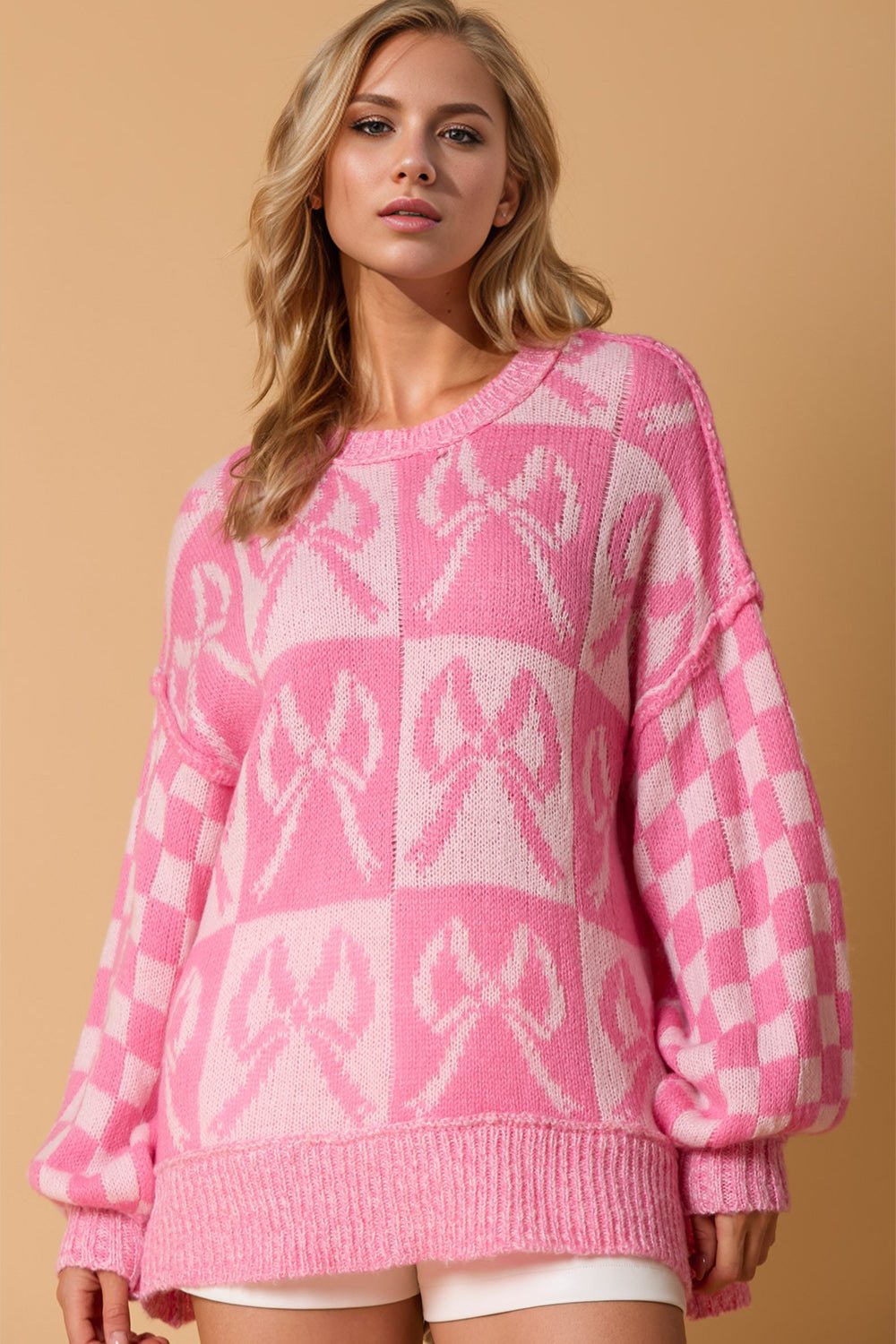 Double Take - Pink Checkered Bow Pattern Long Sleeve Sweater