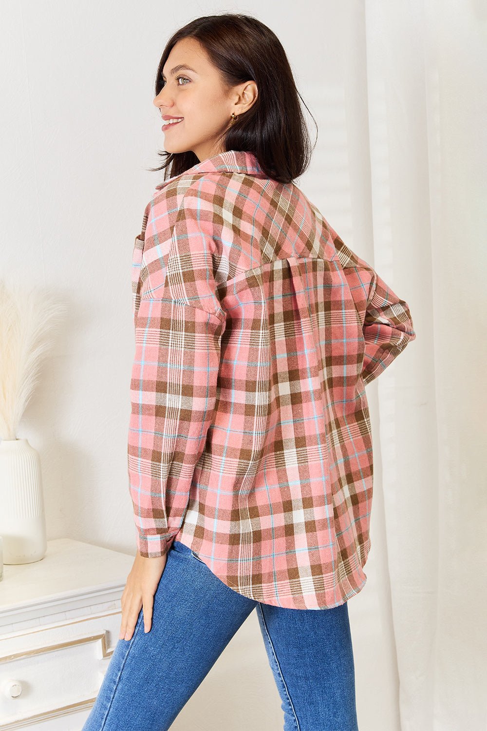 Double Take - Pink Plaid Long Sleeve Button - Up Shirt