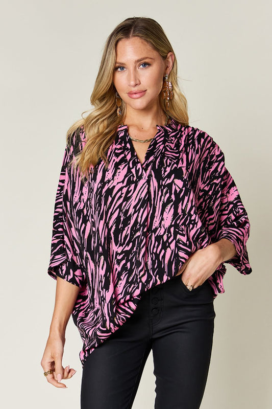 Double Take - Pink Printed Three - Quarter Sleeve Blouse