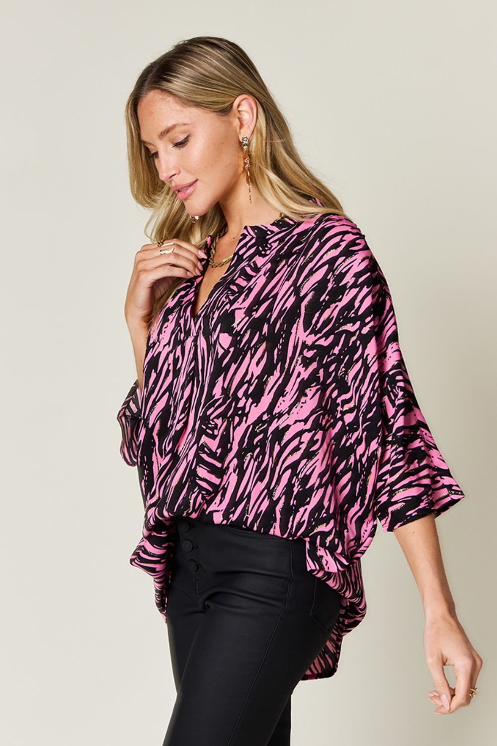 Double Take - Pink Printed Three - Quarter Sleeve Blouse