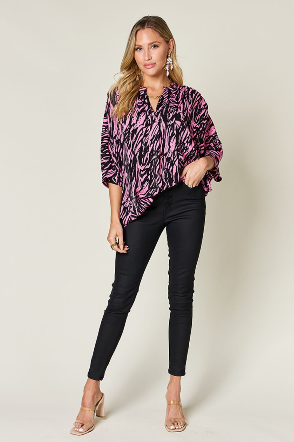 Double Take - Pink Printed Three - Quarter Sleeve Blouse